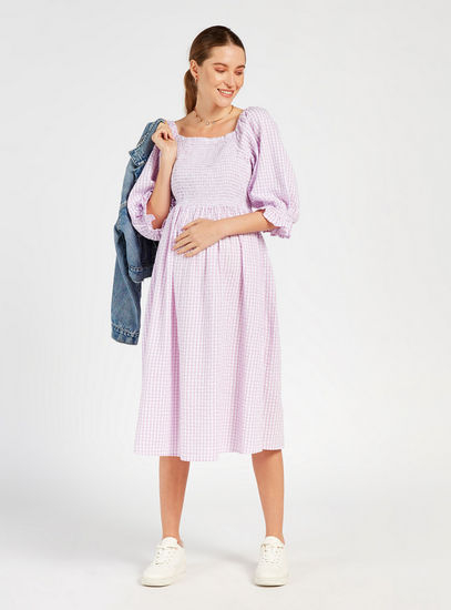 Checked Maternity Midi Dress with Elbow Puff Sleeves and Smocked Detail-Midi-image-0