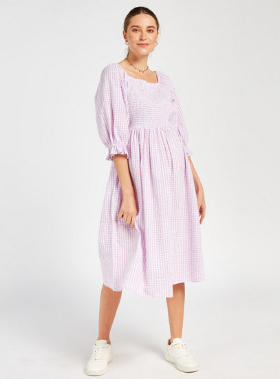 Checked Maternity Midi Dress with Elbow Puff Sleeves and Smocked Detail-Midi-image-1