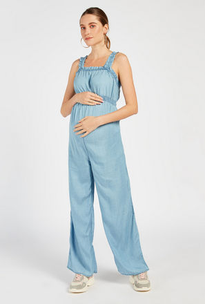 Solid Sleeveless Maternity Jumpsuit with Smocked Detail