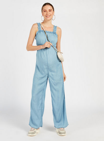 Solid Sleeveless Maternity Jumpsuit with Smocked Detail