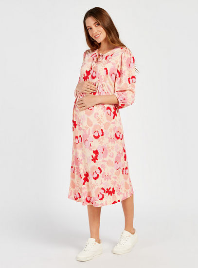 Printed Midi Maternity Dress with Tie-Up Neck and 3/4 Sleeves