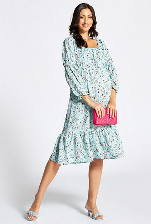 Printed Maternity Midi Dress with Square Neck and Flounce Hem