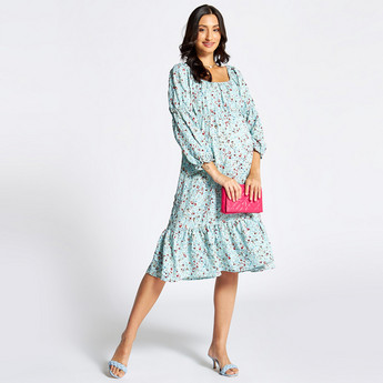 Printed Maternity Midi Dress with Square Neck and Flounce Hem