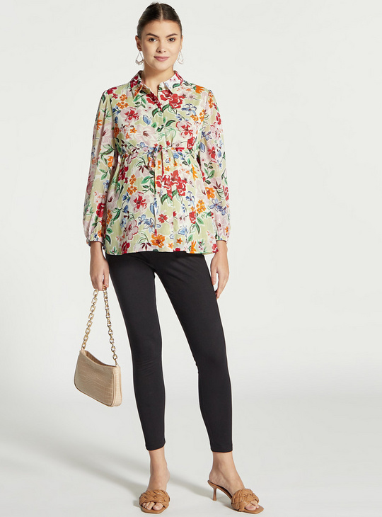 Floral Print Maternity Top with Drawstring Detail and Long Sleeves
