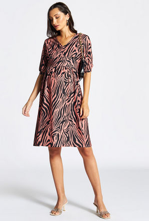 All-Over Animal Print Knee Length Maternity Dress with Puff Sleeves