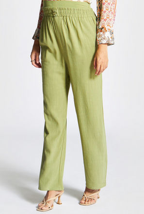 Solid Maternity Wide Leg Pants with Elasticated Waist and Button Accent