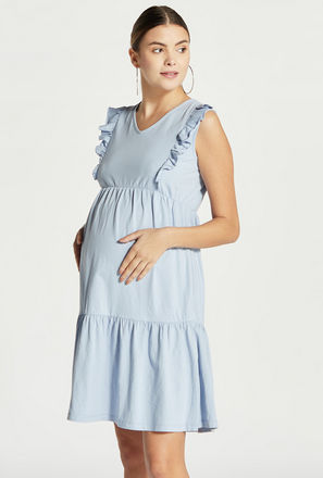 Solid Sleeveless Maternity Dress with Ruffle Detail