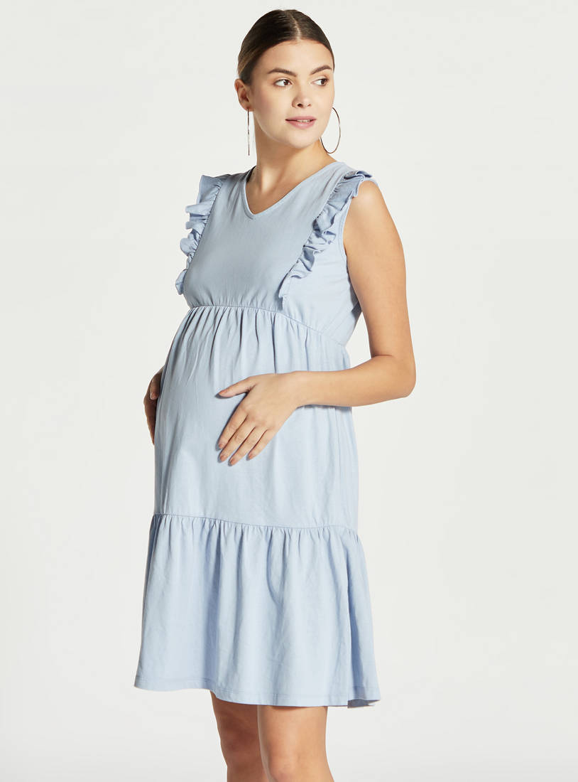 Solid Sleeveless Maternity Dress with Ruffle Detail-Midi-image-0