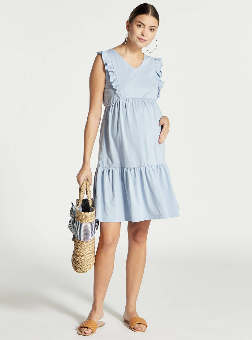 Solid Sleeveless Maternity Dress with Ruffle Detail-Midi-image-1