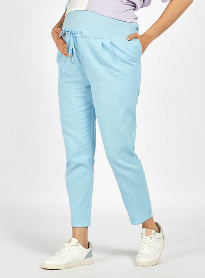 Solid Full Length Mid-Rise Maternity Pants with Drawstring Closure