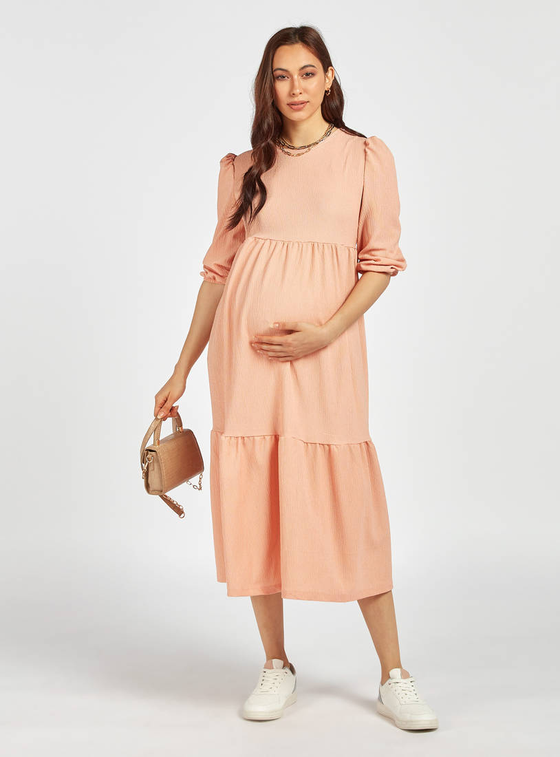 #AM: Sleeve length# Solid Maternity Tiered Midi Dress with 3/4 Sleeves-Midi-image-0