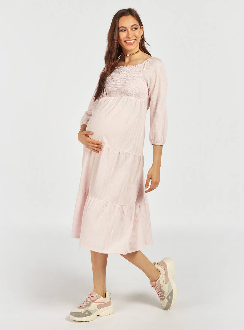 Smocked Tiered Maternity Dress with 3/4 Sleeves-Midi-image-1