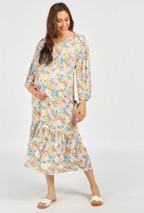 Floral Print Maternity Midi Dress with Flounce Hem and Long Sleeves