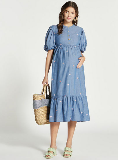 Embroidered Denim Tiered Maternity Dress with Round Neck and Short Sleeves
