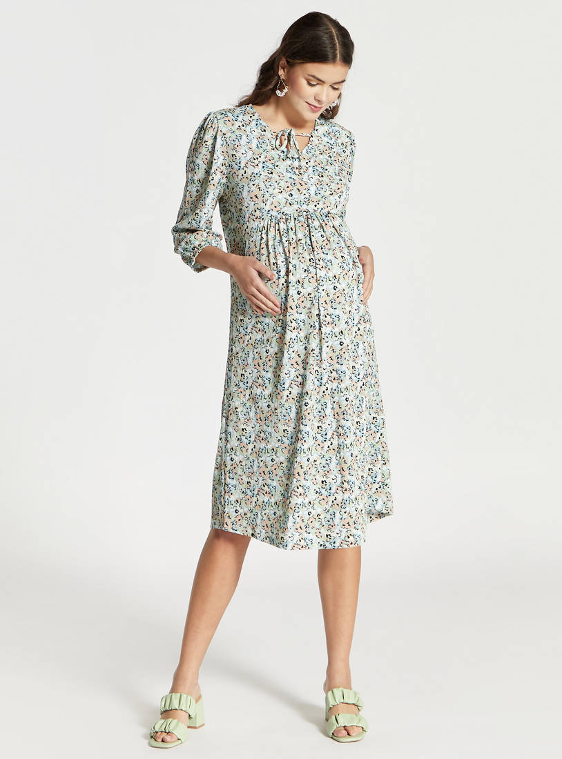 Floral Printed Maternity Midi Dress with Tie-Up Detail and 3/4 Sleeves-Midi-image-0