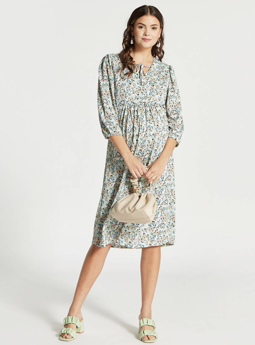 Floral Printed Maternity Midi Dress with Tie-Up Detail and 3/4 Sleeves-Midi-image-1