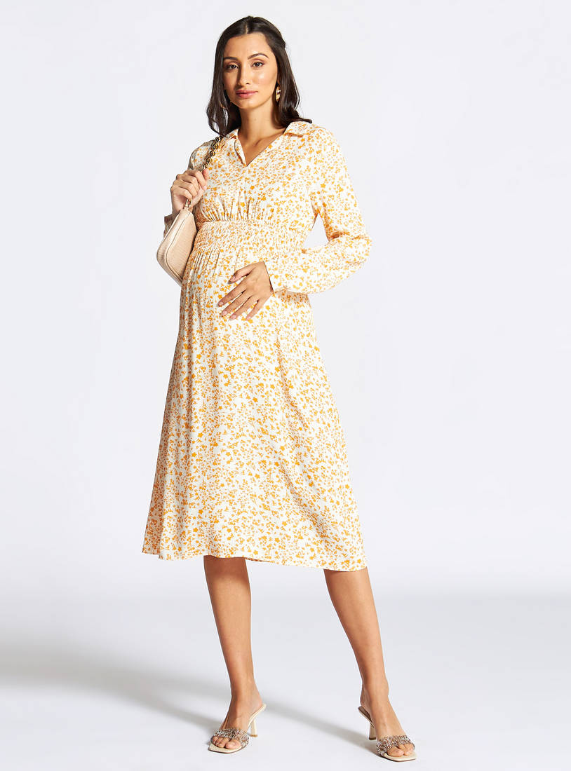 Floral Print A-line Maternity Dress with Long Sleeves and Smocked Detail-Midi-image-0