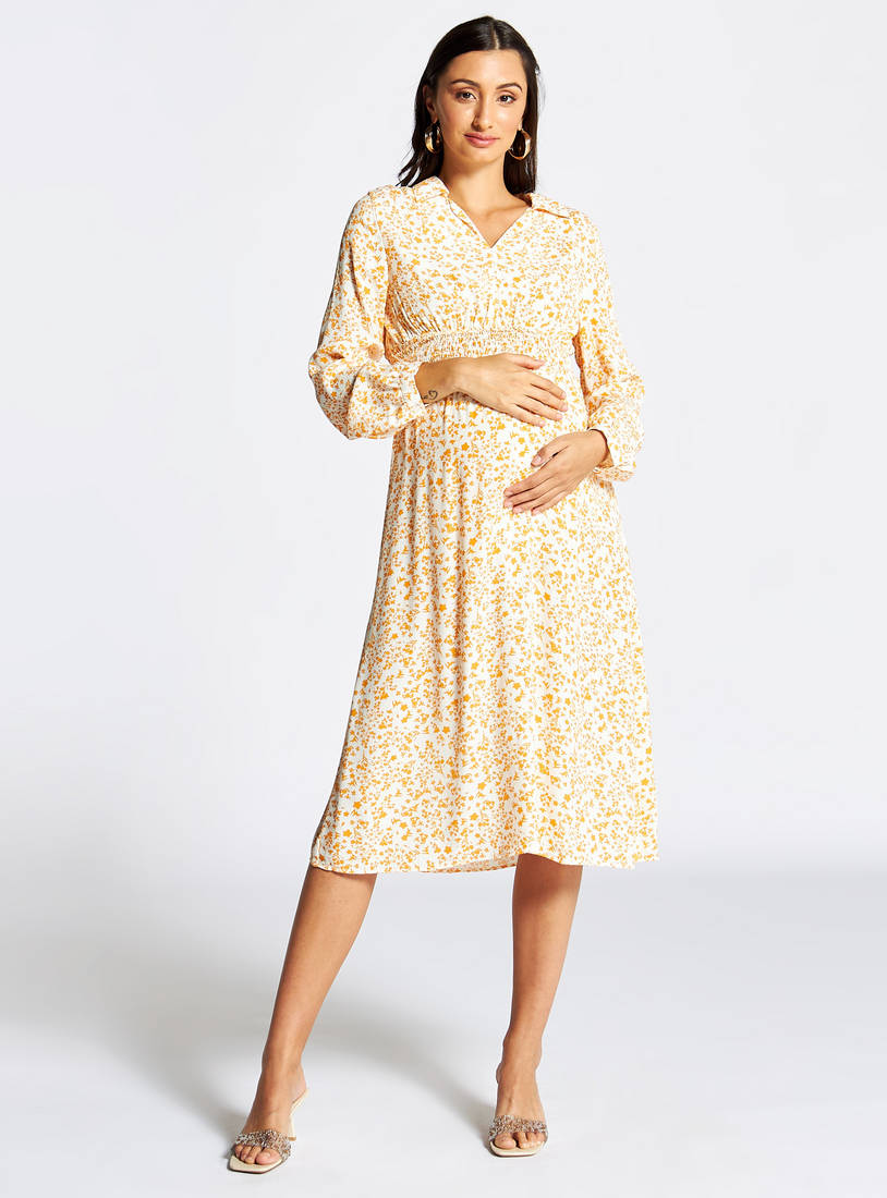 Floral Print A-line Maternity Dress with Long Sleeves and Smocked Detail-Midi-image-1