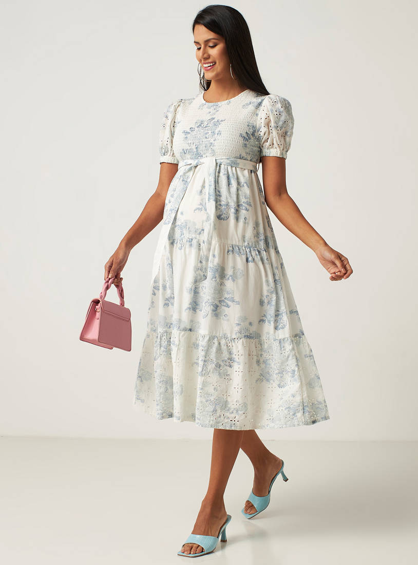 All Over Floral Print Midi Tiered Dress with Round Neck and Short Sleeves-Midi-image-0