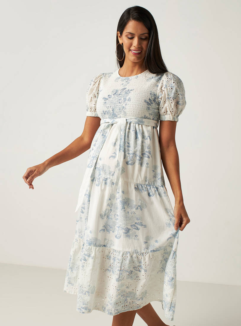 All Over Floral Print Midi Tiered Dress with Round Neck and Short Sleeves-Midi-image-1
