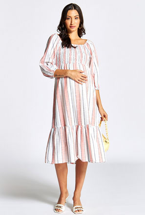 Striped Maternity Midi Dress with Shirred Detail and Flounce Hem