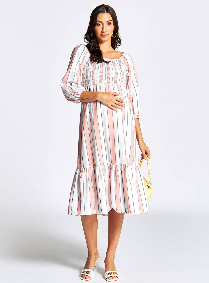 Striped Maternity Midi Dress with Shirred Detail and Flounce Hem-Midi-image-0