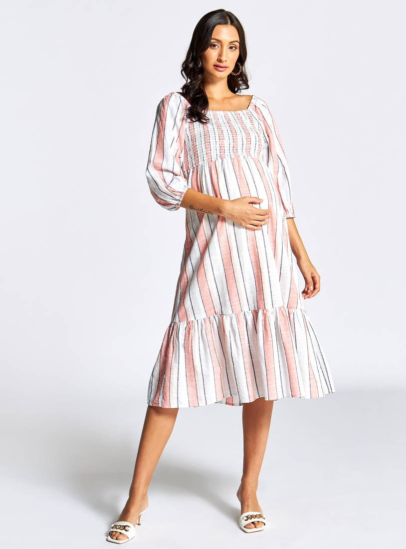 Striped Maternity Midi Dress with Shirred Detail and Flounce Hem-Midi-image-1