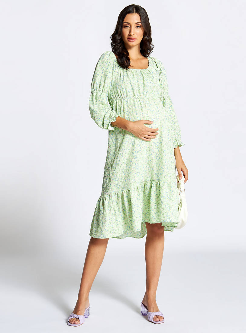 Floral Print Maternity Tiered Dress with Puff Sleeves and Square Neck-Midi-image-0