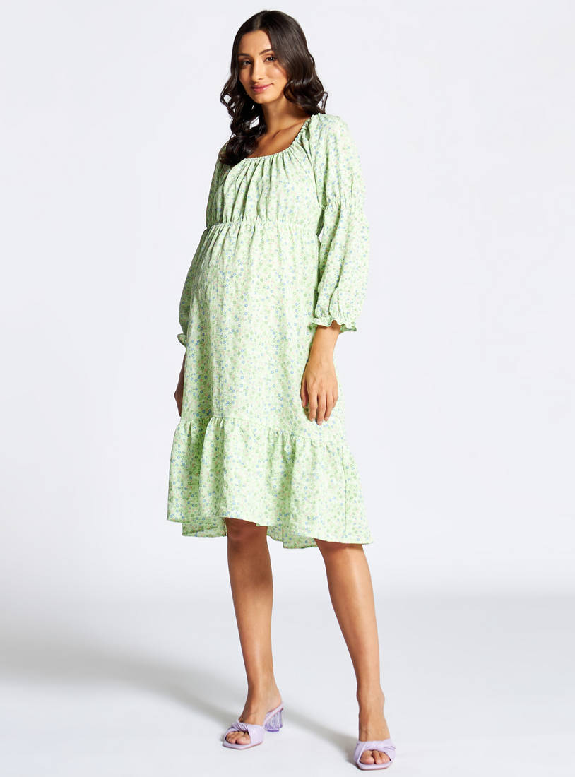 Floral Print Maternity Tiered Dress with Puff Sleeves and Square Neck-Midi-image-1