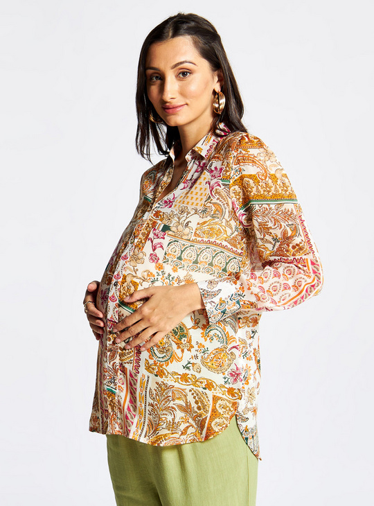 Printed Maternity Shirt with Long Sleeves and Button Closure