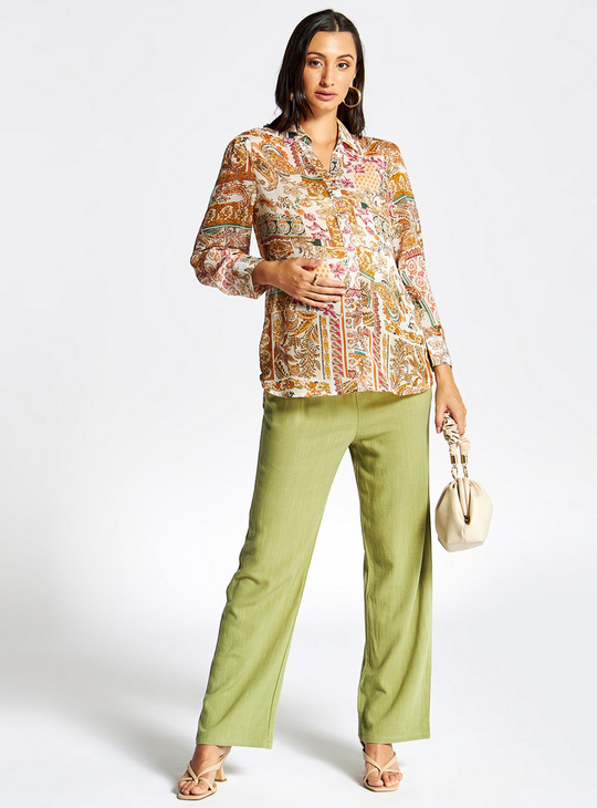 Printed Maternity Shirt with Long Sleeves and Button Closure