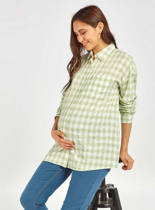 Checked Maternity Shirt with Long Sleeves and Chest Pocket