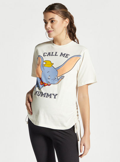 Dumbo Print Round Neck Maternity T-shirt with Short Sleeves and Ruched Detail-Tops & T-shirts-image-0