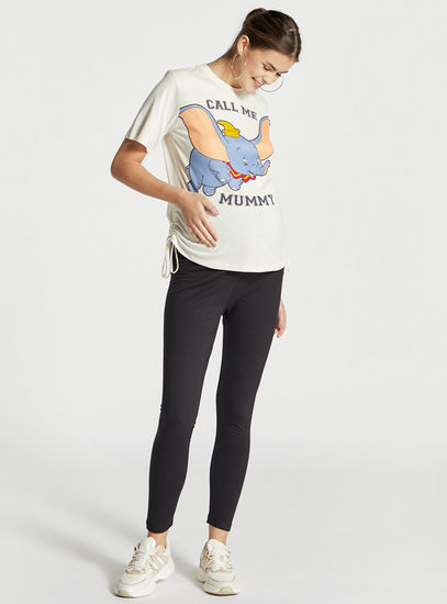 Dumbo Print Round Neck Maternity T-shirt with Short Sleeves and Ruched Detail-Tops & T-shirts-image-1