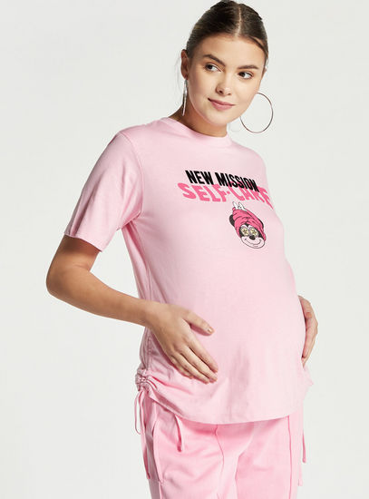 Minnie Mouse Print Maternity T-shirt with Short Sleeves and Ruched Detail-Tops & T-shirts-image-0