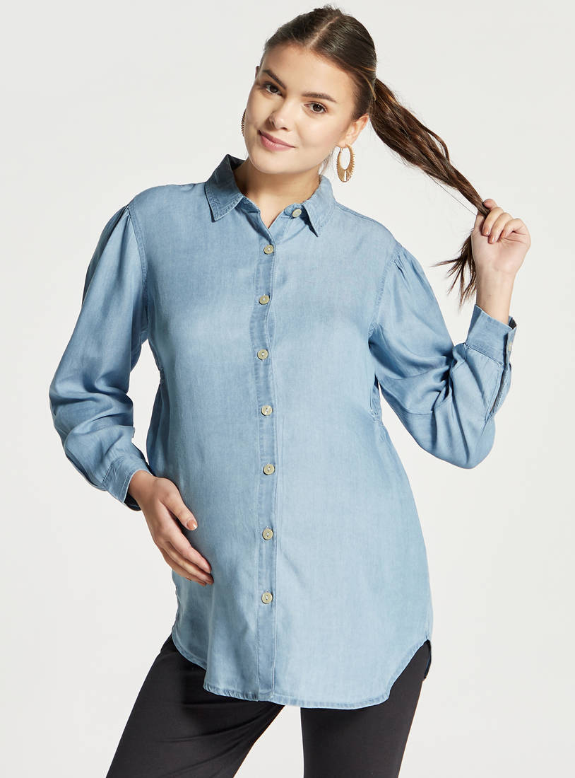 Solid Denim Maternity Shirt with Long Sleeves and Button Closure-Tops & T-shirts-image-0
