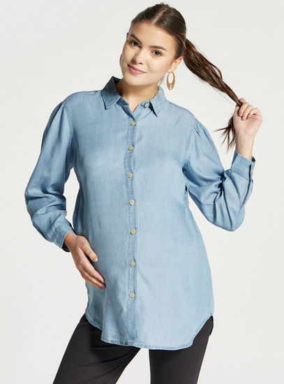 Solid Denim Maternity Shirt with Long Sleeves and Button Closure