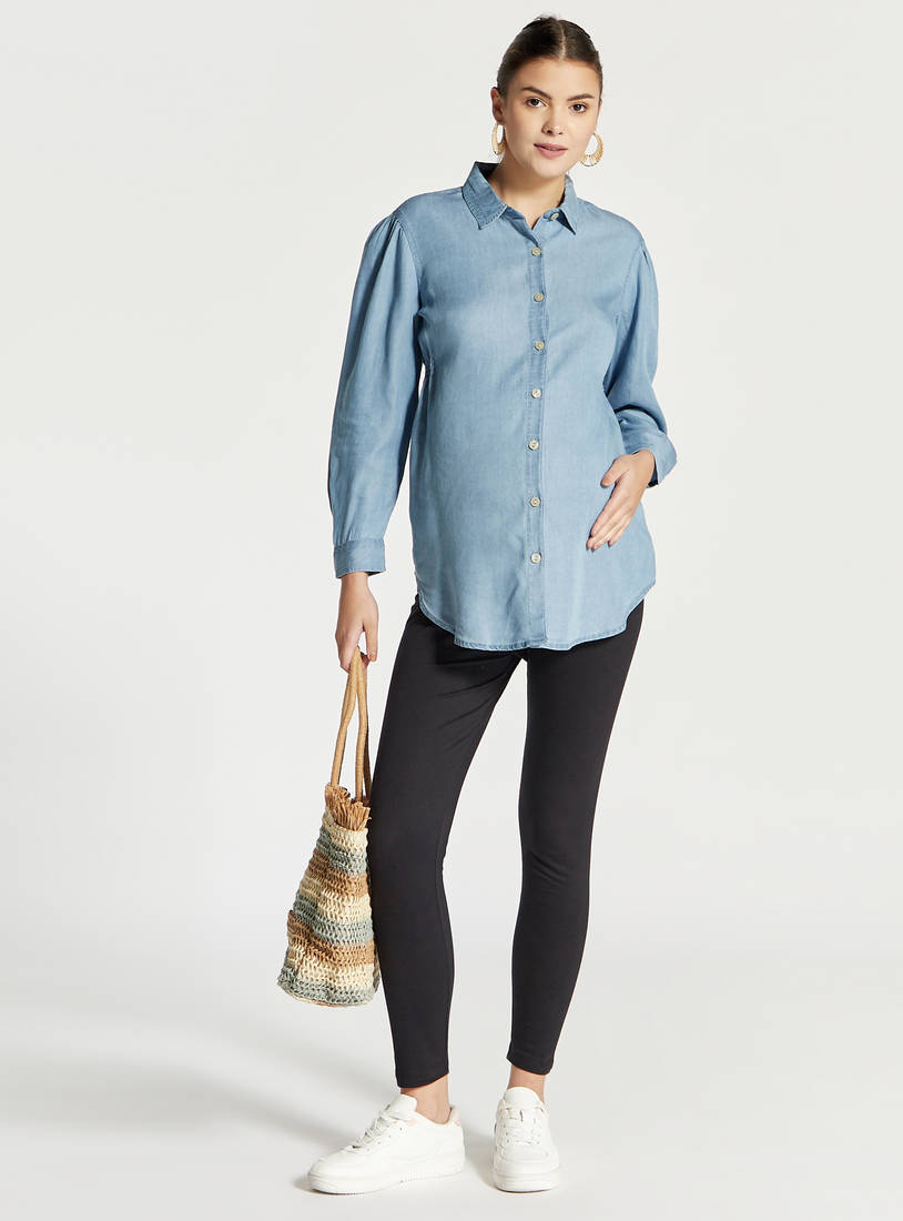 Solid Denim Maternity Shirt with Long Sleeves and Button Closure-Tops & T-shirts-image-1