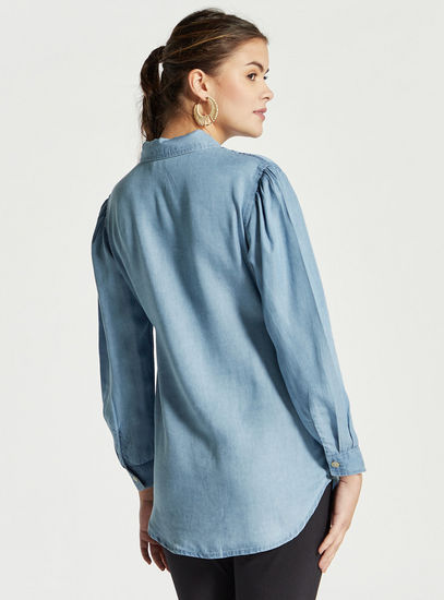 Solid Denim Maternity Shirt with Long Sleeves and Button Closure