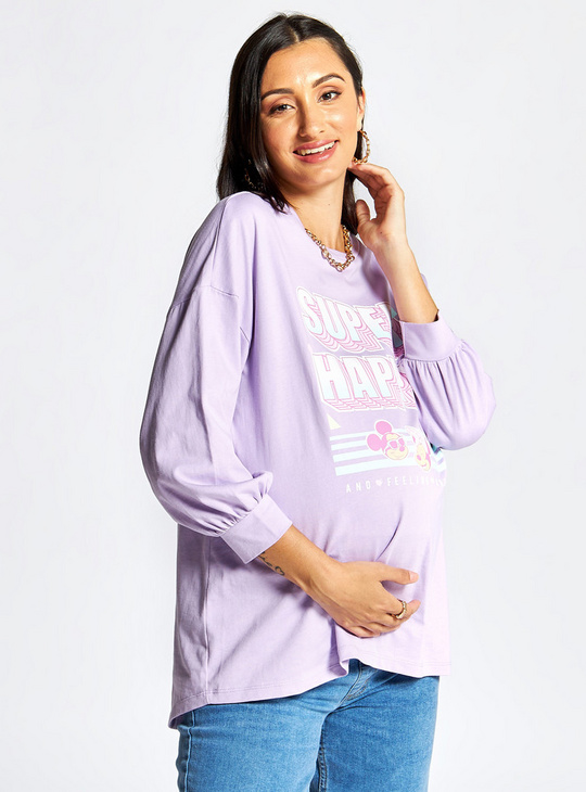 Mickey and Minnie Mouse Print Oversize Maternity T-shirt with Volume Sleeves