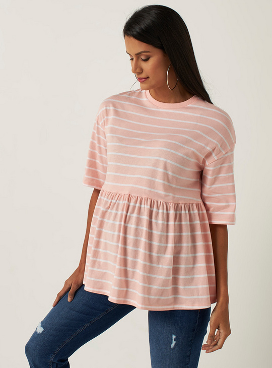 Striped Maternity Peplum Top with Short Sleeves