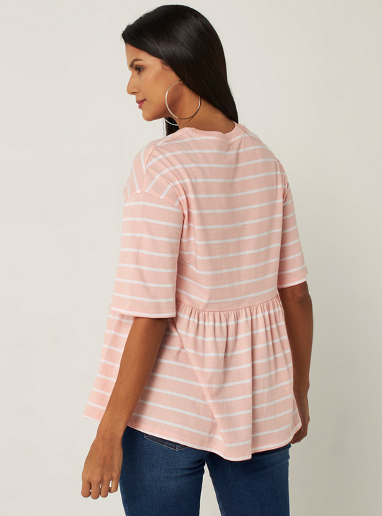Striped Maternity Peplum Top with Short Sleeves