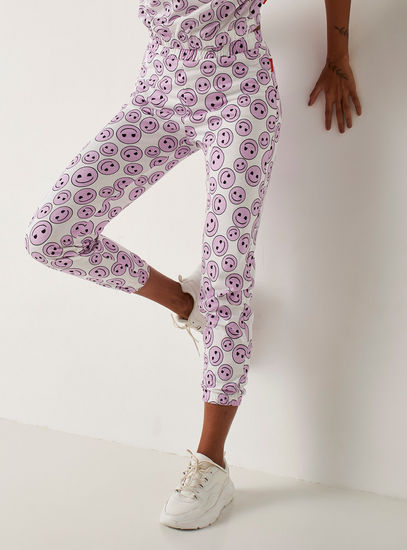All Over Smiley Print Mid-Rise Leggings with Elasticated Waistband