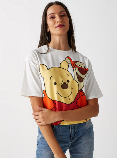 Winnie the Pooh Print T-shirt with Round Neck and Short Sleeves
