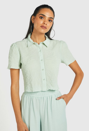 Textured Crop Shirt with Short Sleeves and Button Closure