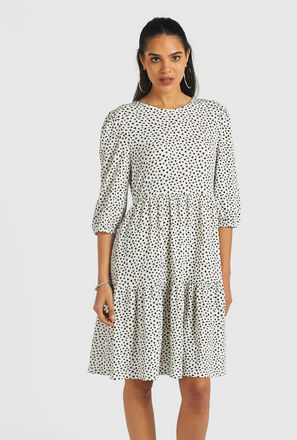 All Over Heart Print Tiered Dress with Round Neck and 3/4 Sleeves-mxwomen-clothing-dressesandjumpsuits-midi-1