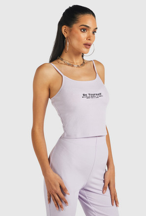Slogan Embroidered Sleeveless Camisole with Round Neck