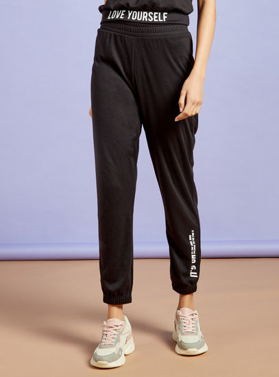 Typographic Print Mid-Rise Jog Pants with Elasticated Waistband-Joggers-image-1