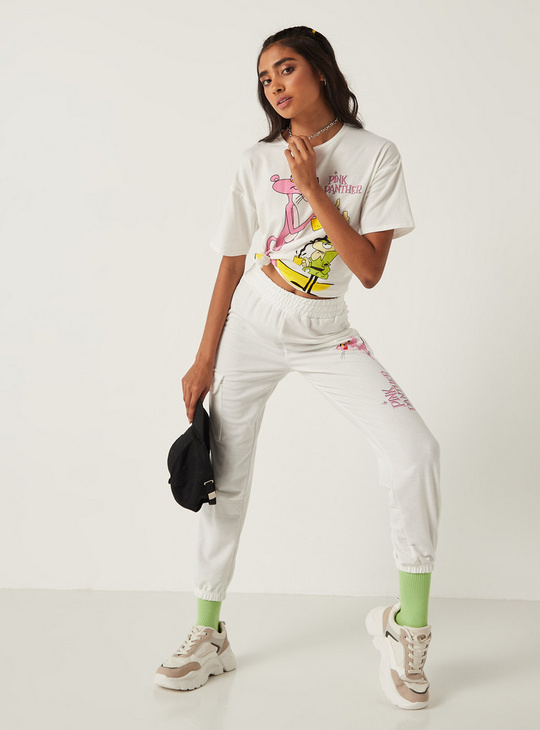 Pink Panther Print Mid-Rise Jog Pants with Pockets and Elasticated Waistband