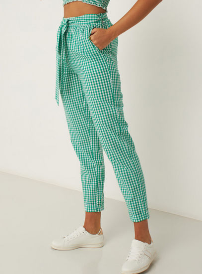 Gingham Print Peg Pants with Belt Tie-Ups and Pockets